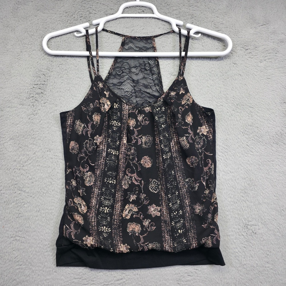 Maurices Tank Top Womens S Black Floral Pleated Boho Lace Trim Back Y2K Romantic